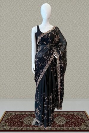 Black Saree With Beads, Zardozi, Zari And Pearl Work