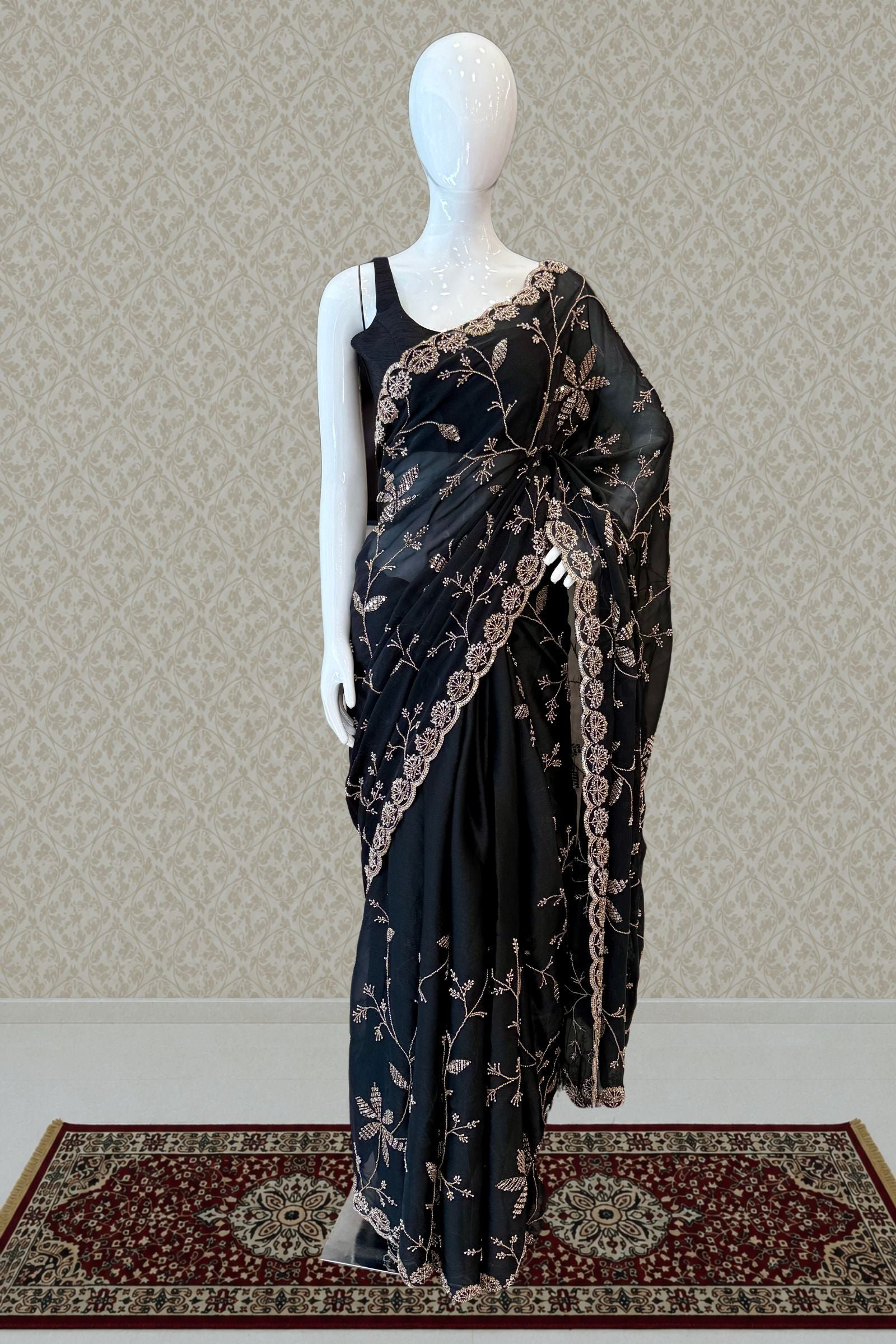 Black Saree With Beads, Zardozi, Zari And Pearl Work