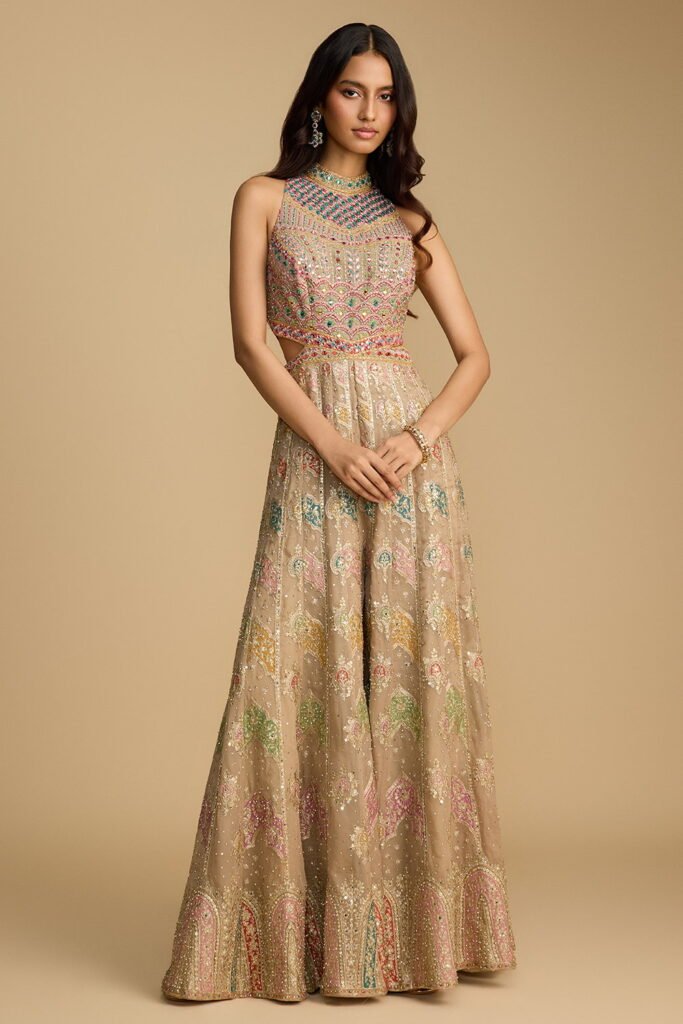 Gold Cut Out Style Jumpsuit Set With All… by Seasons India, South Asian ethnic wear