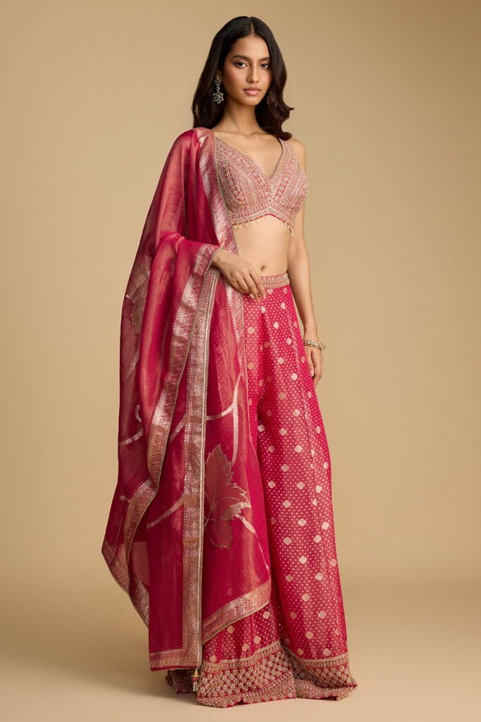 Cherry Pink Banarasi Flared Palazzo Pant… by Seasons India, South Asian ethnic wear