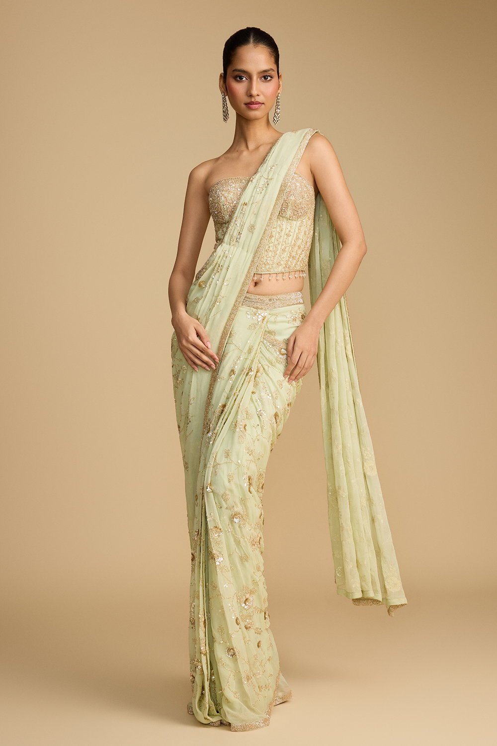 Pista Green Georgette Pre Stitched Saree...