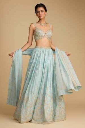 Powder Blue Classic Bead Work Lehenga Se… by Seasons India, South Asian ethnic wear
