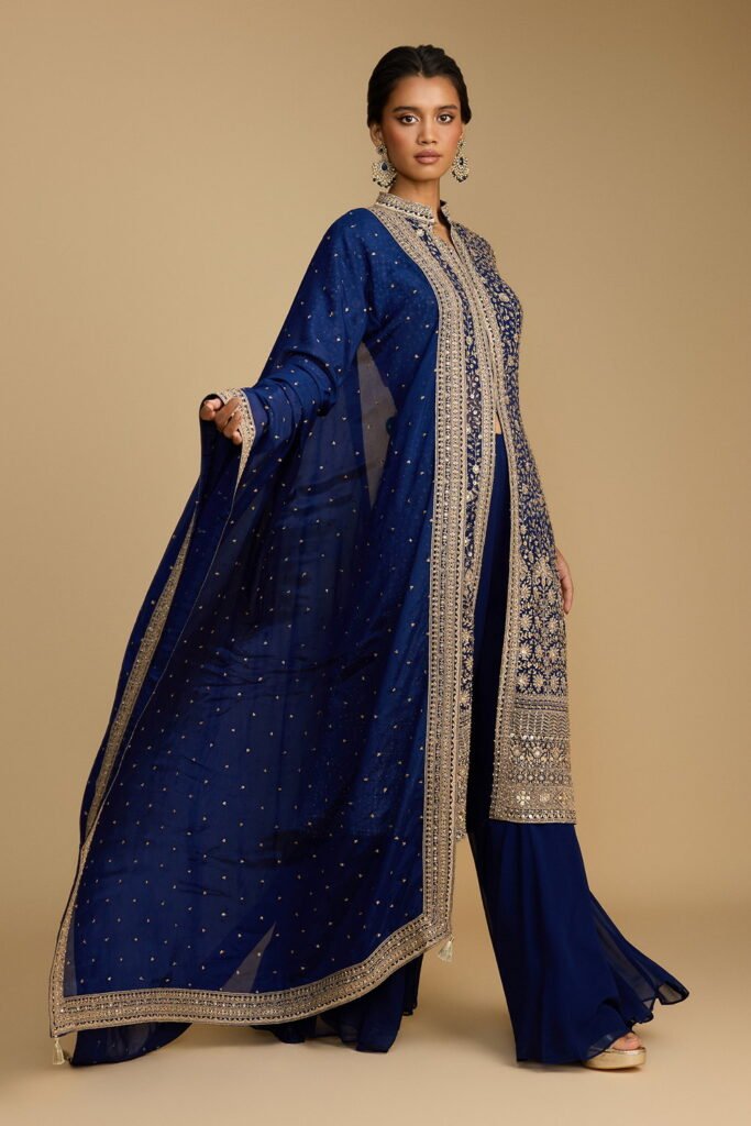 Bright Blue Palazzo Pant Set And A Long … by Seasons India, South Asian ethnic wear