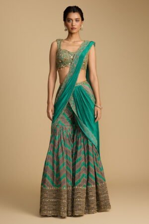 Pine Green Printed Sharara Pant Saree Se… by Seasons India, South Asian ethnic wear