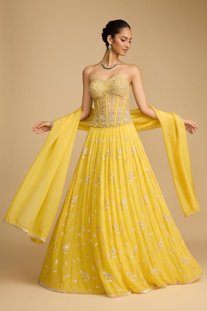 Sunshine Yellow Bead Work Classic Leheng… by Seasons India, South Asian ethnic wear