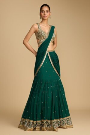 Forest Green Tiered Fish Cut Pre Stitche… by Seasons India, South Asian ethnic wear