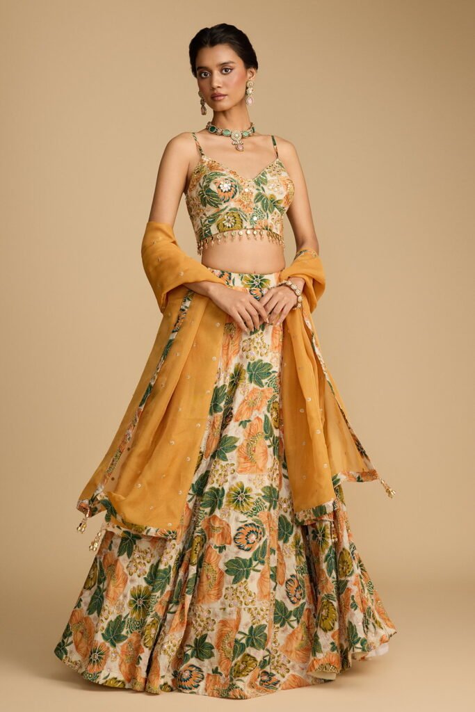 Cream Beige Coloured Leaf Printed Leheng… by Seasons India, South Asian ethnic wear