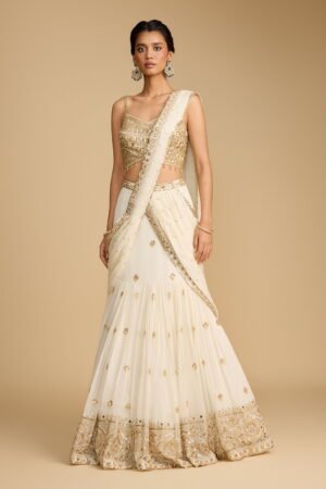 Cream Ivory Tiered Fish Cut Pre Stitched… by Seasons India, South Asian ethnic wear