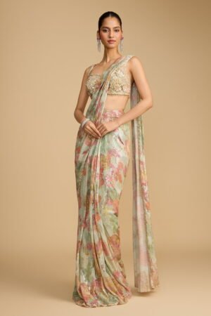 Dusty Green Multi Coloured Translucent … by Seasons India, South Asian ethnic wear