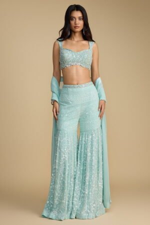 Pastel Blue Classic Chikan Sharara Pant … by Seasons India, South Asian ethnic wear