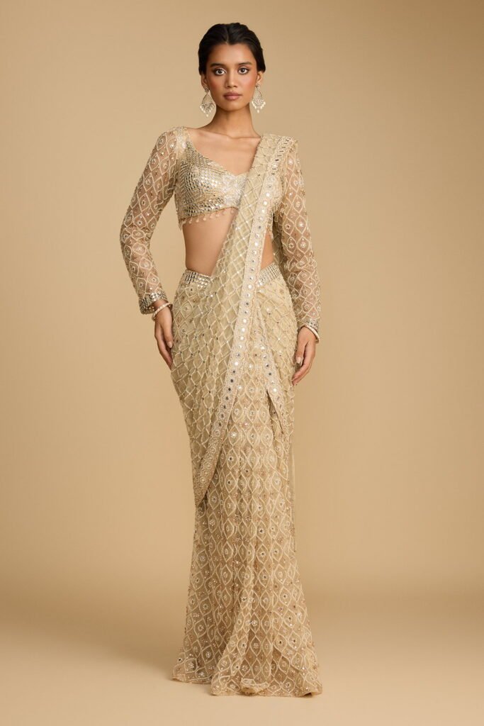 Beige Gold Classic Pre Stitched Saree Se… by Seasons India, South Asian ethnic wear