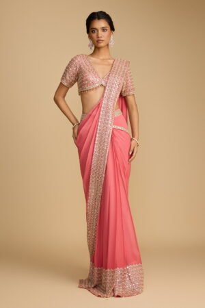Strawberry Pink Classic Pre Stitched Sar… by Seasons India, South Asian ethnic wear