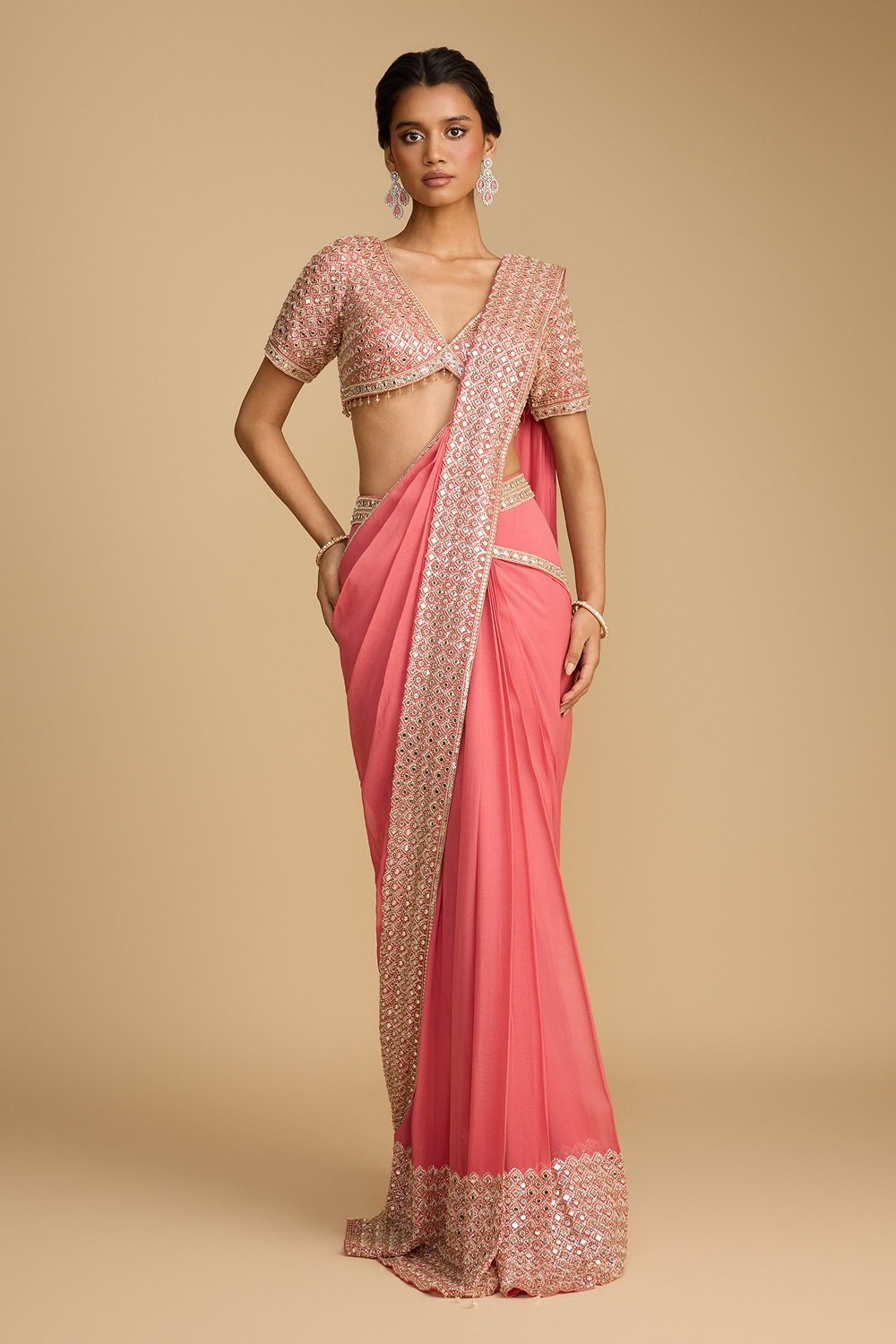 Strawberry Pink Classic Pre Stitched Sar… by Seasons India, South Asian ethnic wear