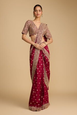Cherry Red Self Patterned Pre Stitched S… by Seasons India, South Asian ethnic wear