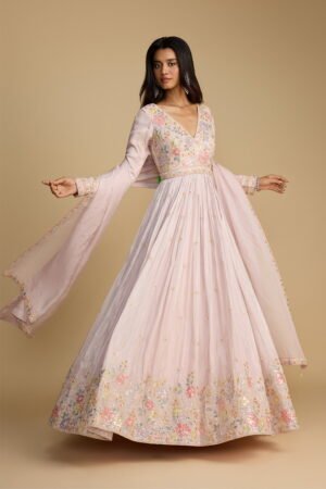 Powder Pink Classic Anarkali Gown Set Wi… by Seasons India, South Asian ethnic wear