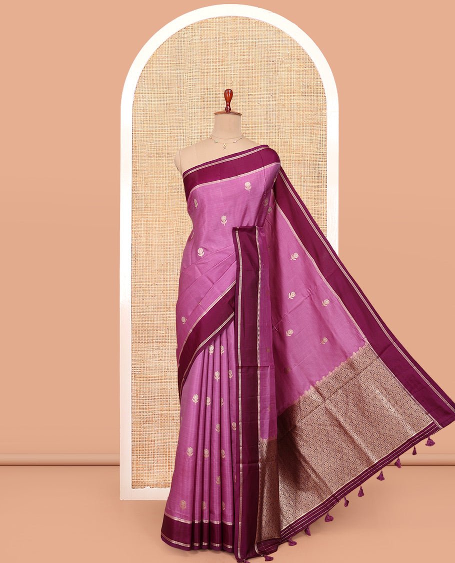 Pink Satin Silk Saree, Beautified With Floral Buttas All Over Its Body, Complemented By A Contrast Rettai Pettu Traditional Zari Border, Beautifully Zari Bedecked Pallu, And Paired With A Contrast Blouse