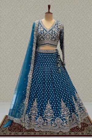 Designer Wedding Lehenga In Peacock Blue With Beads, Zari And Sequins Work by Seasons Chennai, South Asian ethnic wear