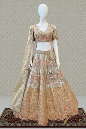 Light Grey Zari, Beads, Sequins And Multicolor Embroidery Work Crop Top Designer Bridal Lehenga by Seasons Chennai, South Asian ethnic wear