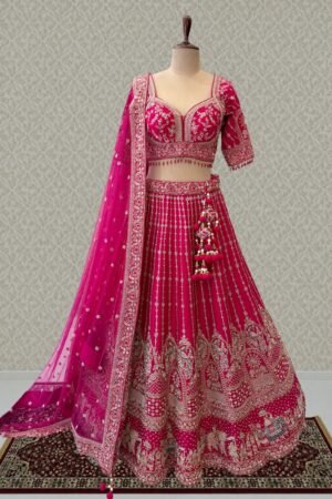 Rani Pink Beads, Zari, Sequins And Embroidery Work Crop Top Designer Bridal Lehenga by Seasons Chennai, South Asian ethnic wear
