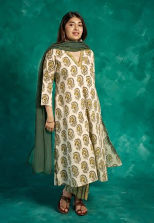 Vinita Yellow Bagru Cotton A Line Kurta
