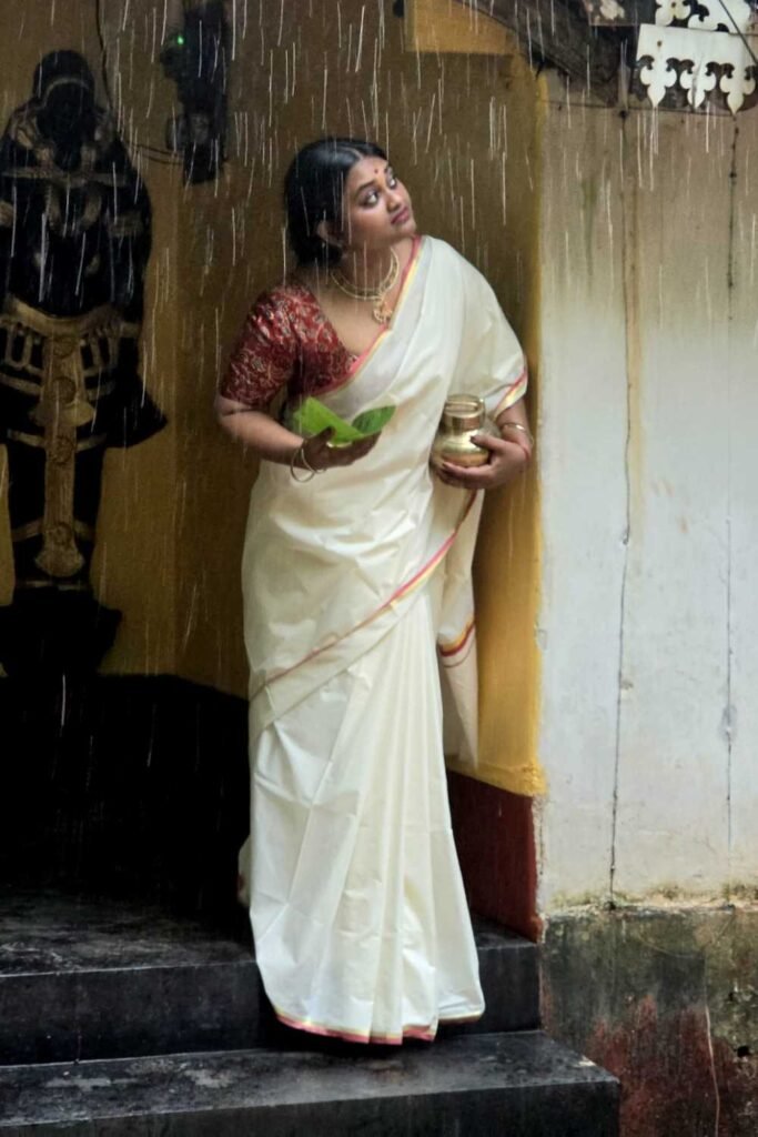 Offwhite Set Saree With 1 Inch Red & Golden Border by byhand, South Asian ethnic wear
