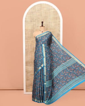 Blue Printed Silk Saree Features An Intricate Design, A Traditional Zari Border, An Intricate Pallu, And Matching Blouse by Pothys, South Asian ethnic wear