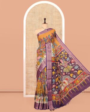 Orange Kalamkari Printed Semi-Banarasi Tussar Saree, Mesmerized With Flora-Fauna Motifs, Contrast Traditional Border, God Motifs Printed Pallu, And A Contrast Blouse by Pothys, South Asian ethnic wear