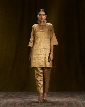 Gold Silk Tissue Short Kurta And Pants by WeaverStory, South Asian ethnic wear