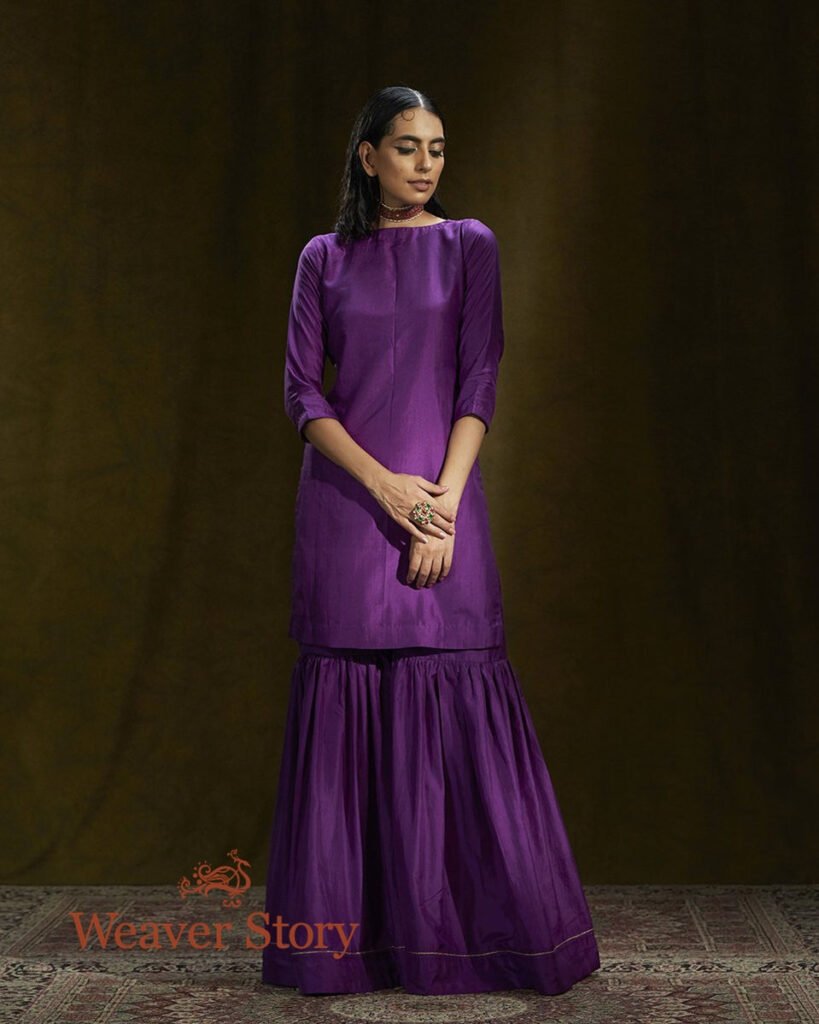 Purple Mulberry Silk Short Kurta And Gharara Set by WeaverStory, South Asian ethnic wear