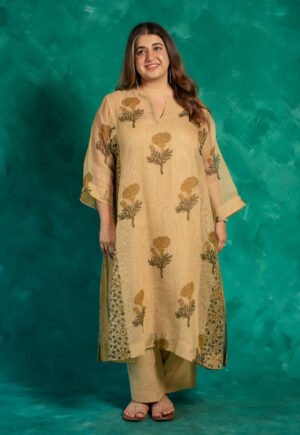 Nyra Beige Bagru Kota Doria Cotton Jhabbha Kali Kurta With Slip