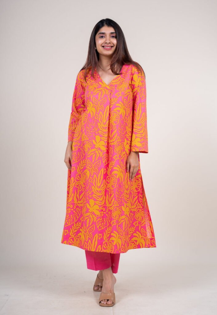 Raila Sunset Pink Printed Cotton Straight Kurta by The Indian Ethnic Co., South Asian ethnic wear