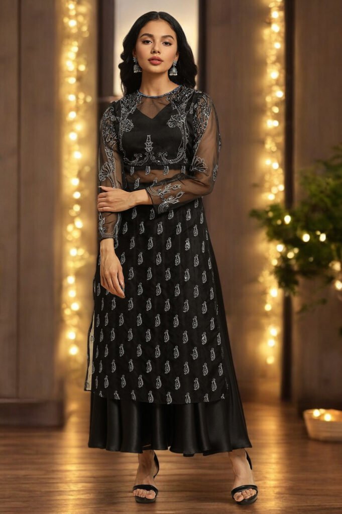 Black Zari Embroidered Sheer Straight Kurta And Skirt Set by W For Women, South Asian ethnic wear
