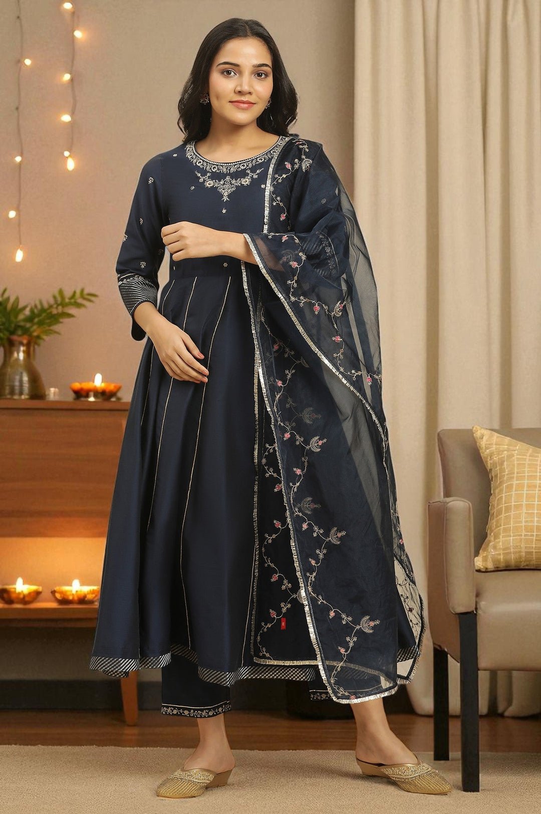 Dark Blue Zari Embroidered Festive Kurta, Pants And Dupatta Set by W For Women, South Asian ethnic wear