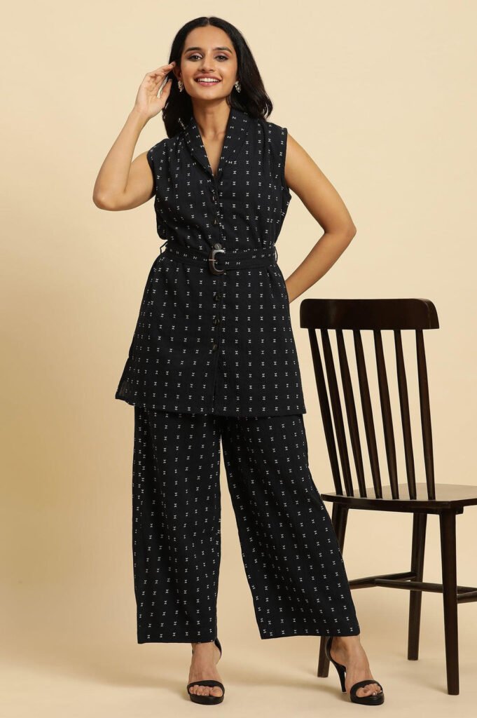 Navy Blue Sleeveless Cotton Dobby Kurta And Pant Co-Ord Set by W For Women, South Asian ethnic wear