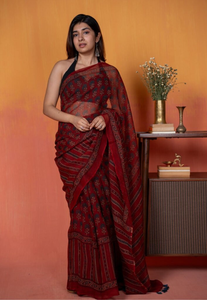 Red Floral Butta Ajrkah Hand Block Print Kota Doria Cotton Saree by The Indian Ethnic Co., South Asian ethnic wear
