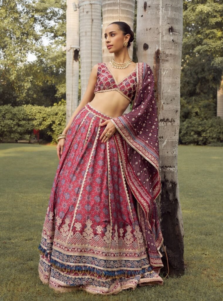 Taal Cupro Satin Red Ajrakh Print Lehenga by Mulmul, South Asian ethnic wear