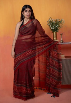 Red Objects Ajrakh Hand Block Print Kota Doria Cotton Saree by The Indian Ethnic Co., South Asian ethnic wear