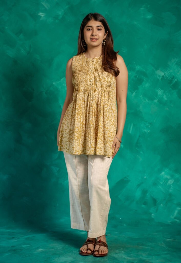 Diana Yellow Bagru Cotton A Line Short Top by The Indian Ethnic Co., South Asian ethnic wear