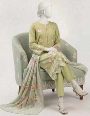 Green Lawn 3pc Stitched | Jlawn-S-26-634/s Schiffli Floral-02