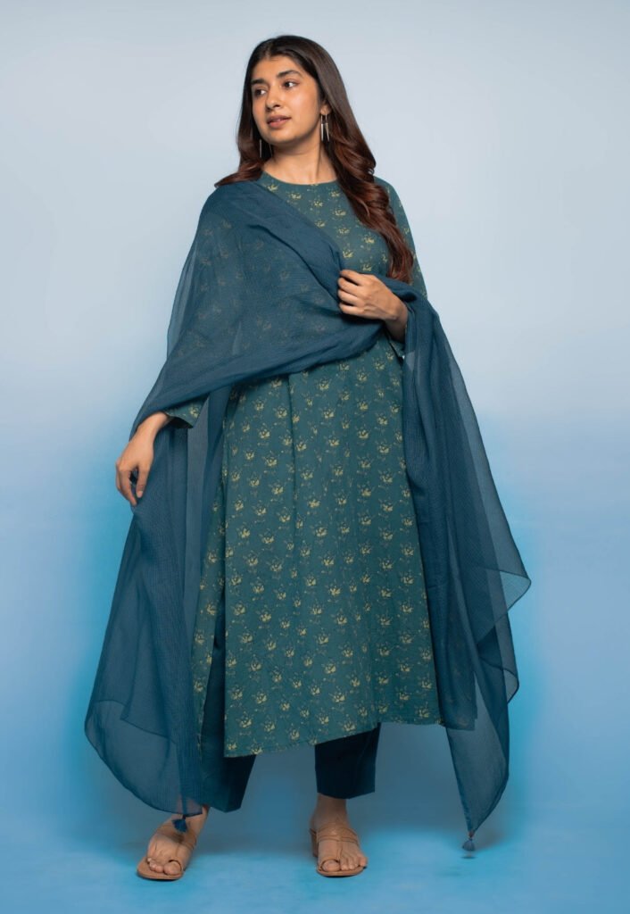 Tahira Teal Blue Dabu Mul Cotton A Line Kurta by The Indian Ethnic Co., South Asian ethnic wear