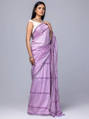 Lavender Brush Painted And Embroidered Silk Saree
