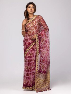 Light Pink Printed And Embroidered Muslin Saree by Aarong, South Asian ethnic wear