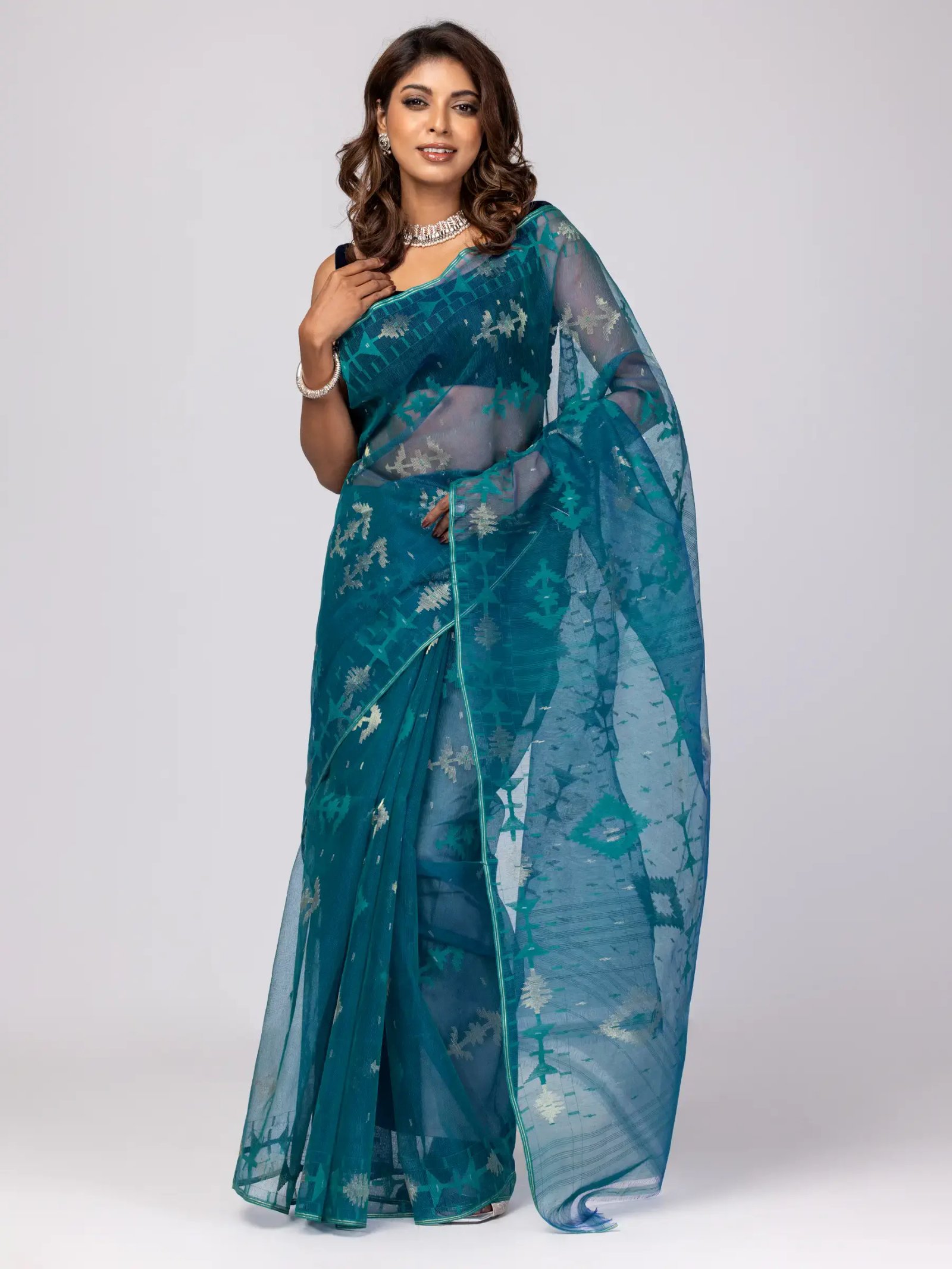 Royal Blue/green Half Silk Jamdani Saree