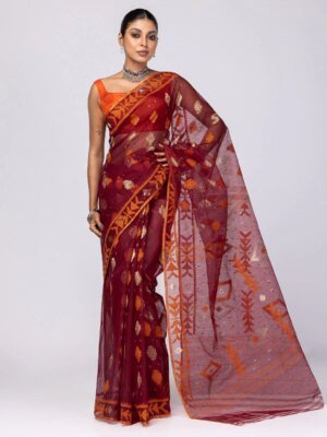 Maroon Half Silk Jamdani Saree