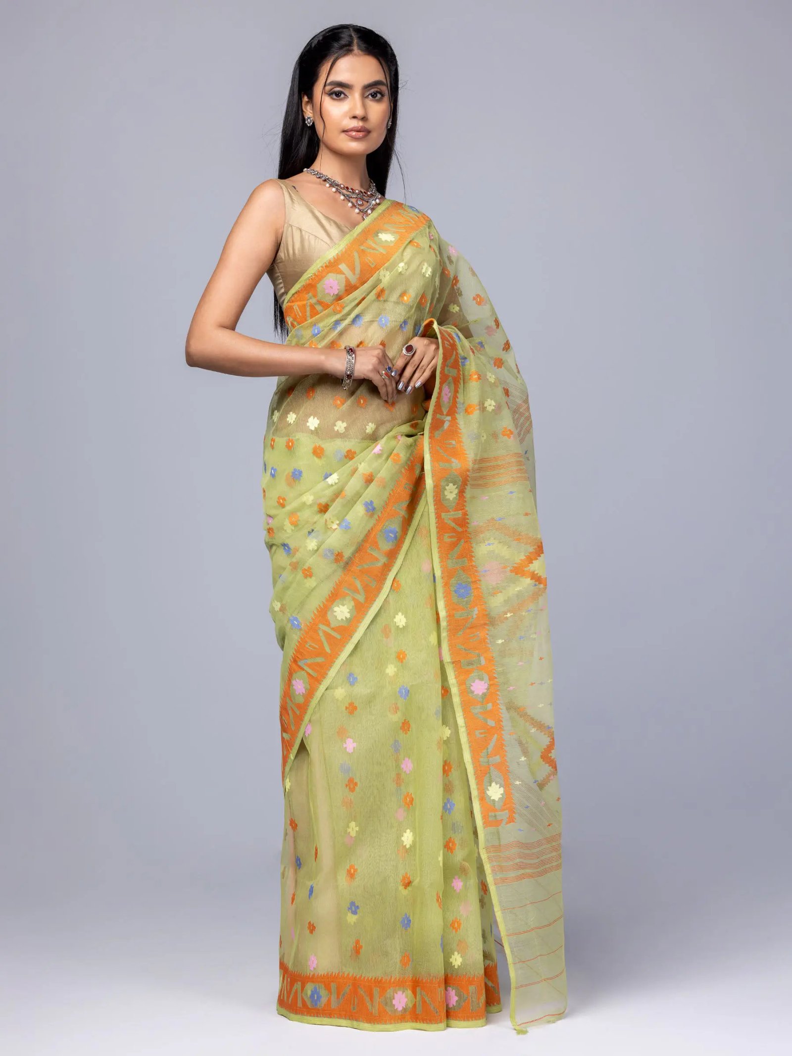 Mint Green Half Silk Jamdani Saree