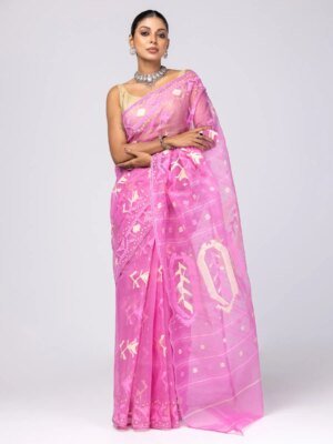 Pink Half Silk Jamdani Saree by Aarong, South Asian ethnic wear