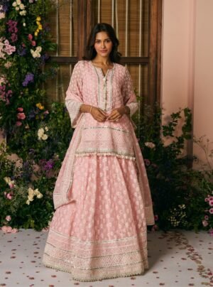 Kilol Organza Pink Kurta & Lehenga Set by Mulmul, South Asian ethnic wear