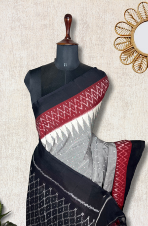Exp – Handwoven Pochampally Cotton Saree – Classic Gray + Persian Red by Tamara Chennai, South Asian ethnic wear