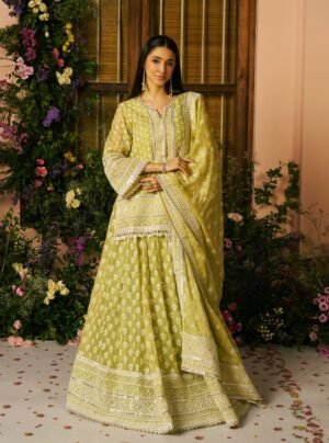Kilol Organza Lime Kurta & Lehenga Set by Mulmul, South Asian ethnic wear
