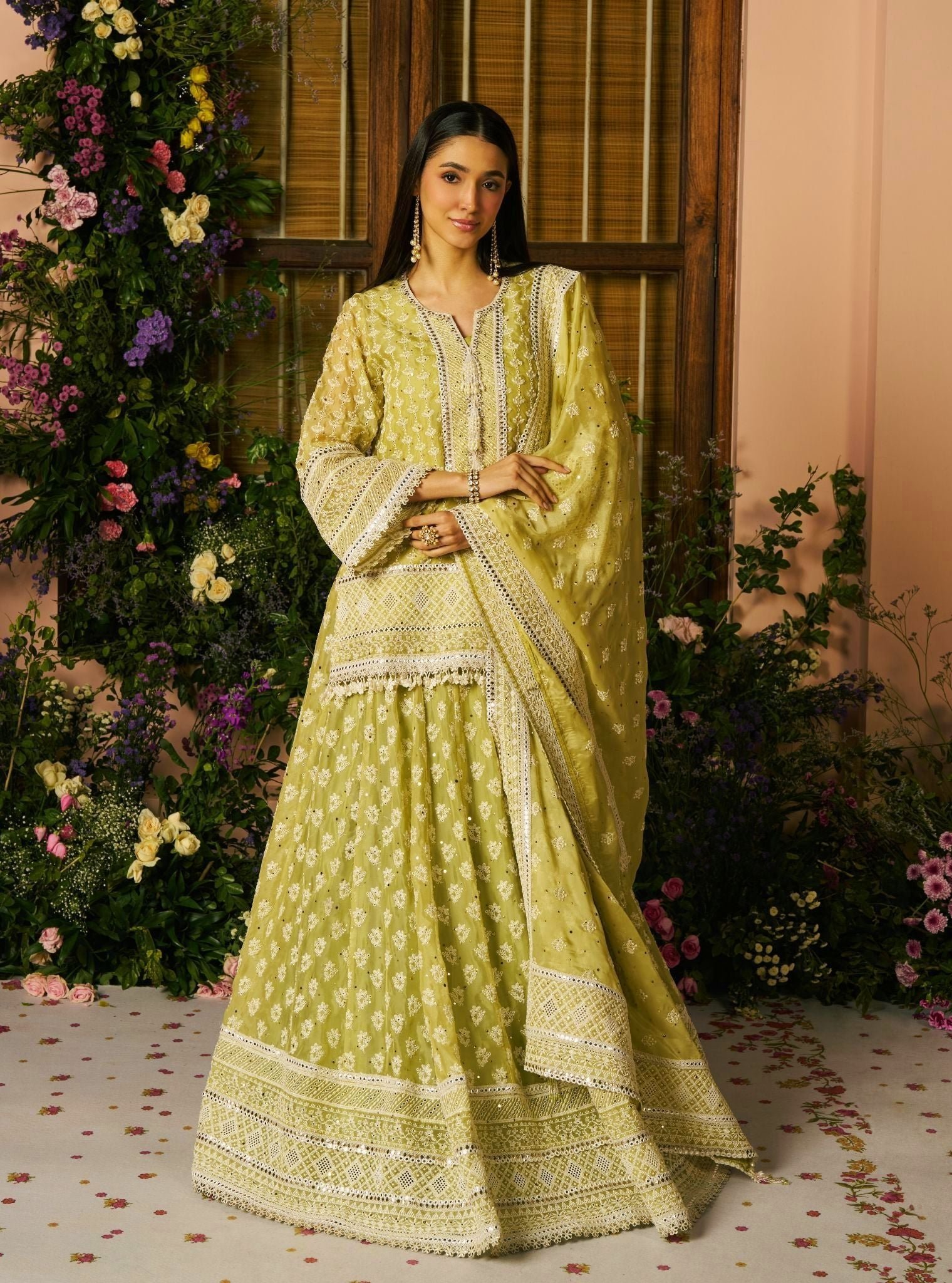 Kilol Organza Lime Kurta & Lehenga Set by Mulmul, South Asian ethnic wear